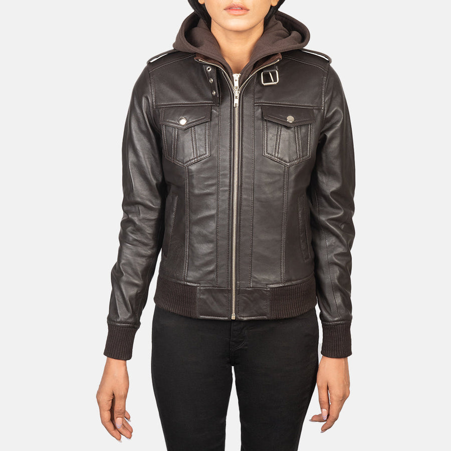 Genuine Sheepskin Leather Hooded Bomber Jacket For Women