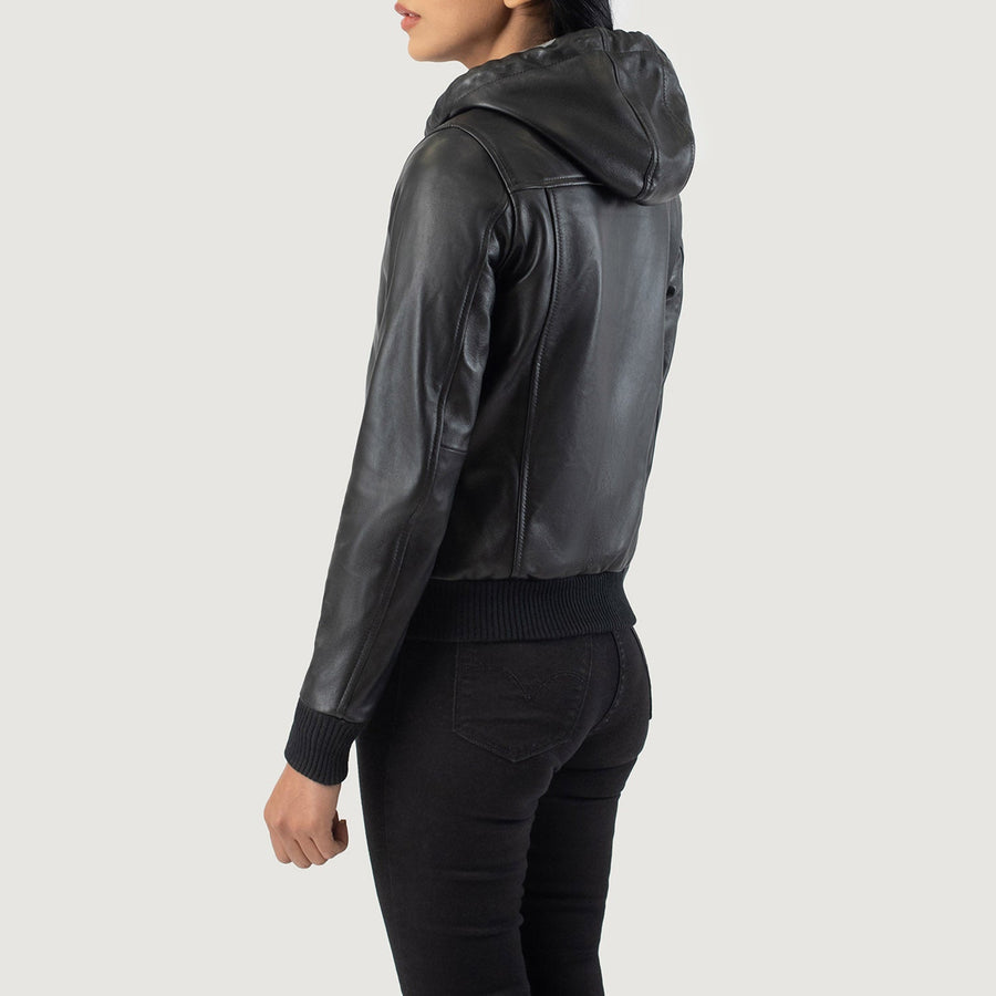 Women’s Hooded Sheepskin Leather Bomber Jacket with Fleece Lining
