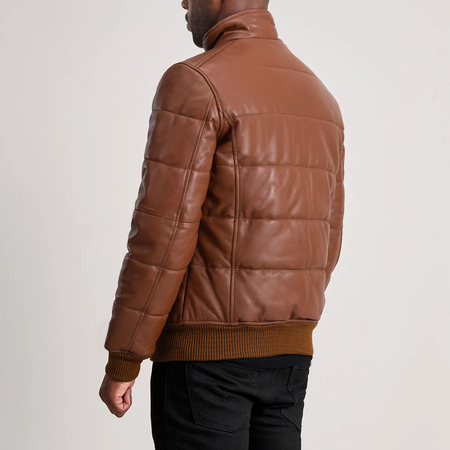 Men’s High-Neck Sheepskin Puffer Leather Jacket – Semi-Aniline Finish
