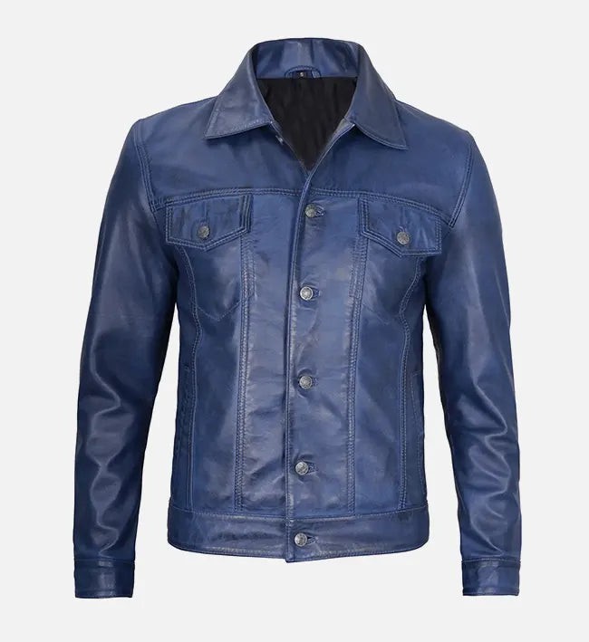 Men’s Sheepskin Trucker Leather Jacket – Camel Brown, Maroon & Blue with Shirt-Style Collar