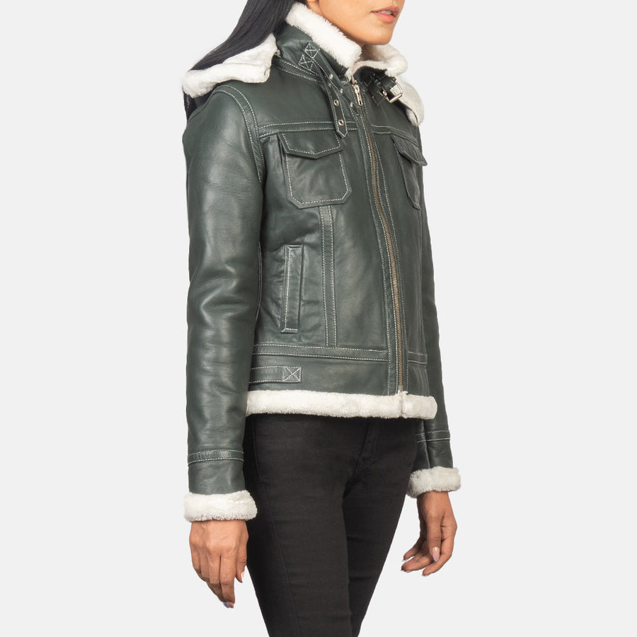 Women’s Sheepskin Leather Jacket with Faux Fur Lining & Removable Hood