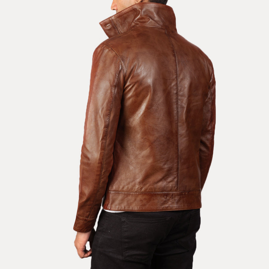 Men’s Sheepskin Leather Rider Jacket with High-Neck Buttoned Collar