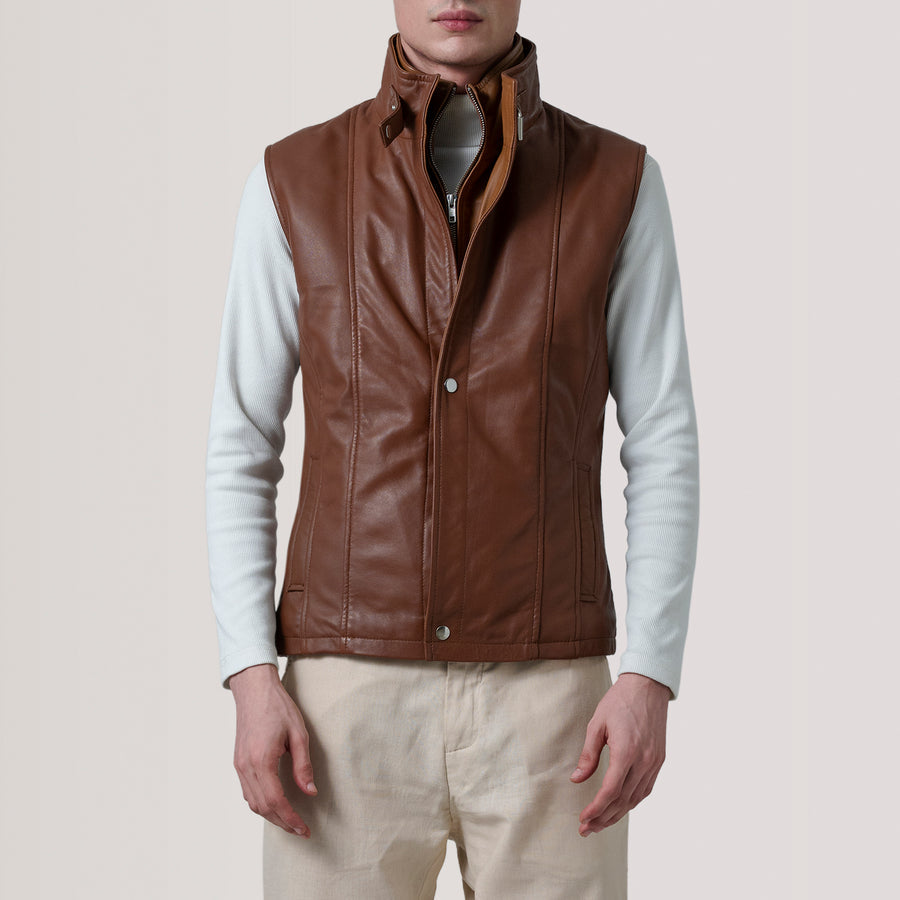 Men’s Semi-Aniline Sheepskin Leather Vest – Band Collar with Buckle