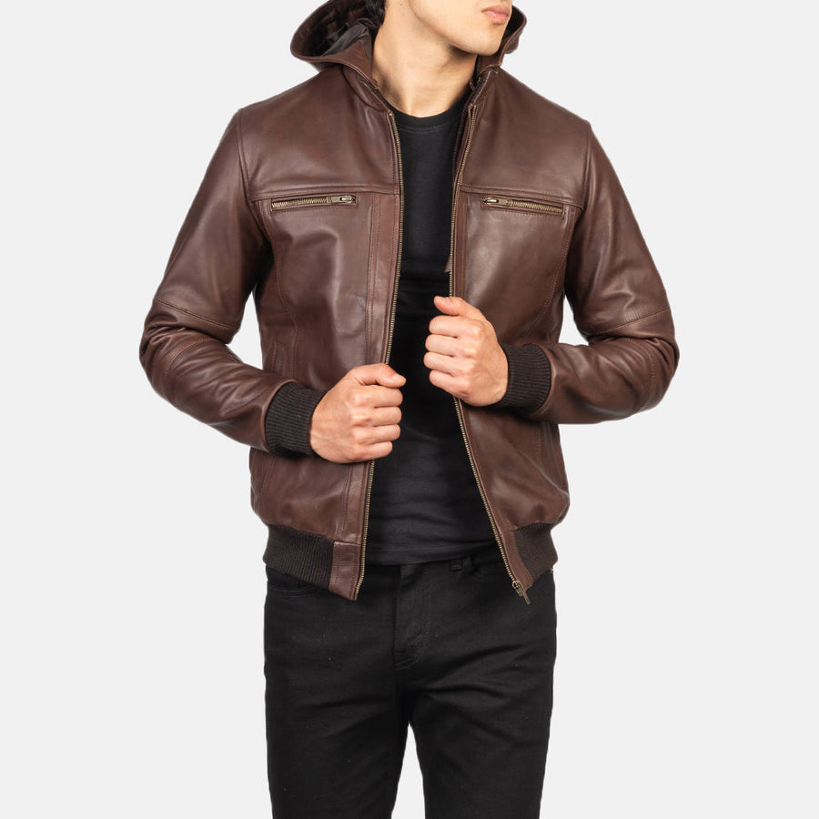 Men’s Hooded Genuine Cowhide Leather Jacket – Rib Knit Finish