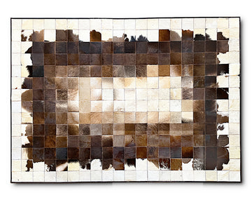 Add timeless character to your interior with this handmade Ivory Frame Cowhide Patchwork Rug. Featuring hundreds of small square genuine hair-on cowhide patches