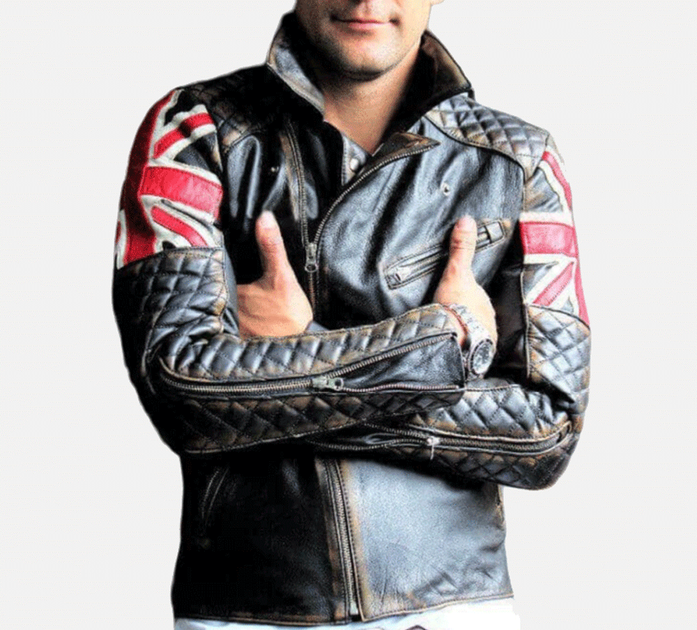 Men's Distressed Leather Jacket - Genuine Full Grain Leather Motorcycle Jacket - Authentic UK Flag Leather Jacket