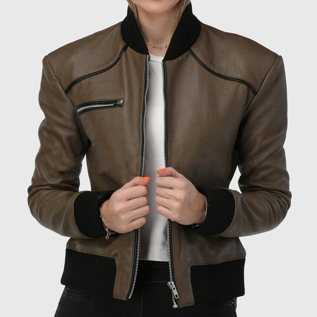 Women Genuine Leather Jacket, Female's Olive Brown Bomber Leather Jacket, Rib Knitted Collar Jacket