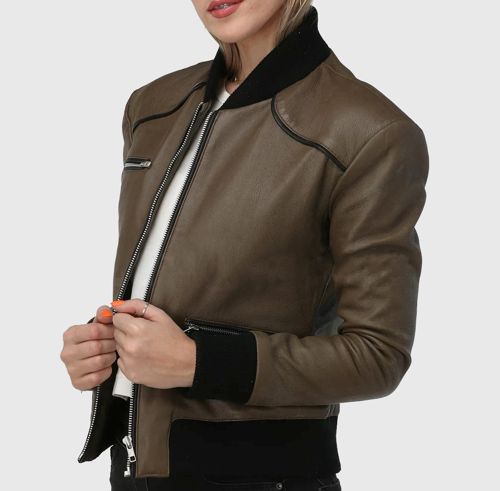 Women Genuine Leather Jacket, Female's Olive Brown Bomber Leather Jacket, Rib Knitted Collar Jacket