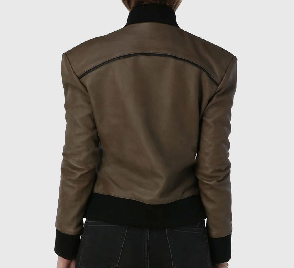 Women Genuine Leather Jacket, Female's Olive Brown Bomber Leather Jacket, Rib Knitted Collar Jacket