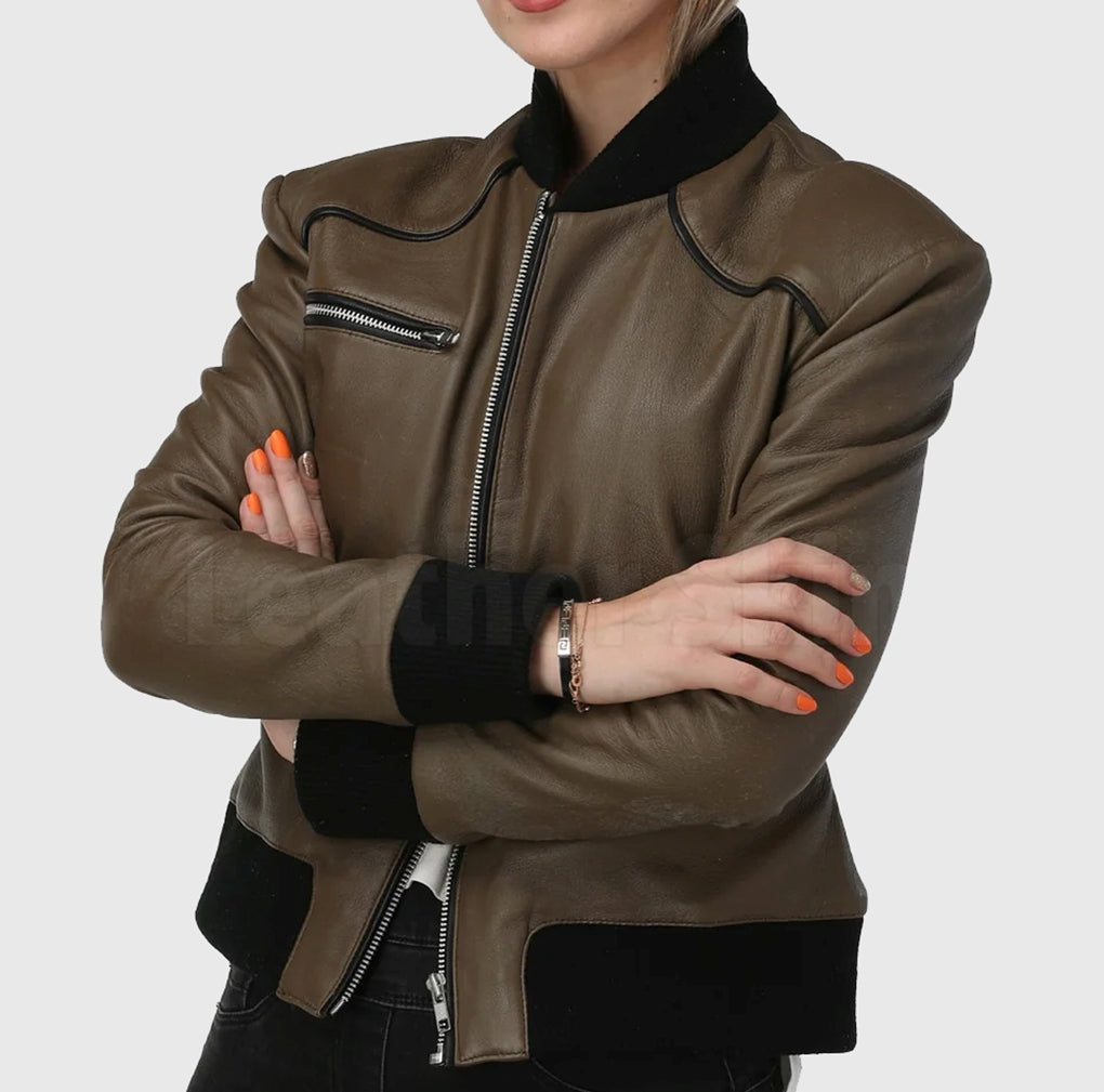 Women Genuine Leather Jacket, Female's Olive Brown Bomber Leather Jacket, Rib Knitted Collar Jacket