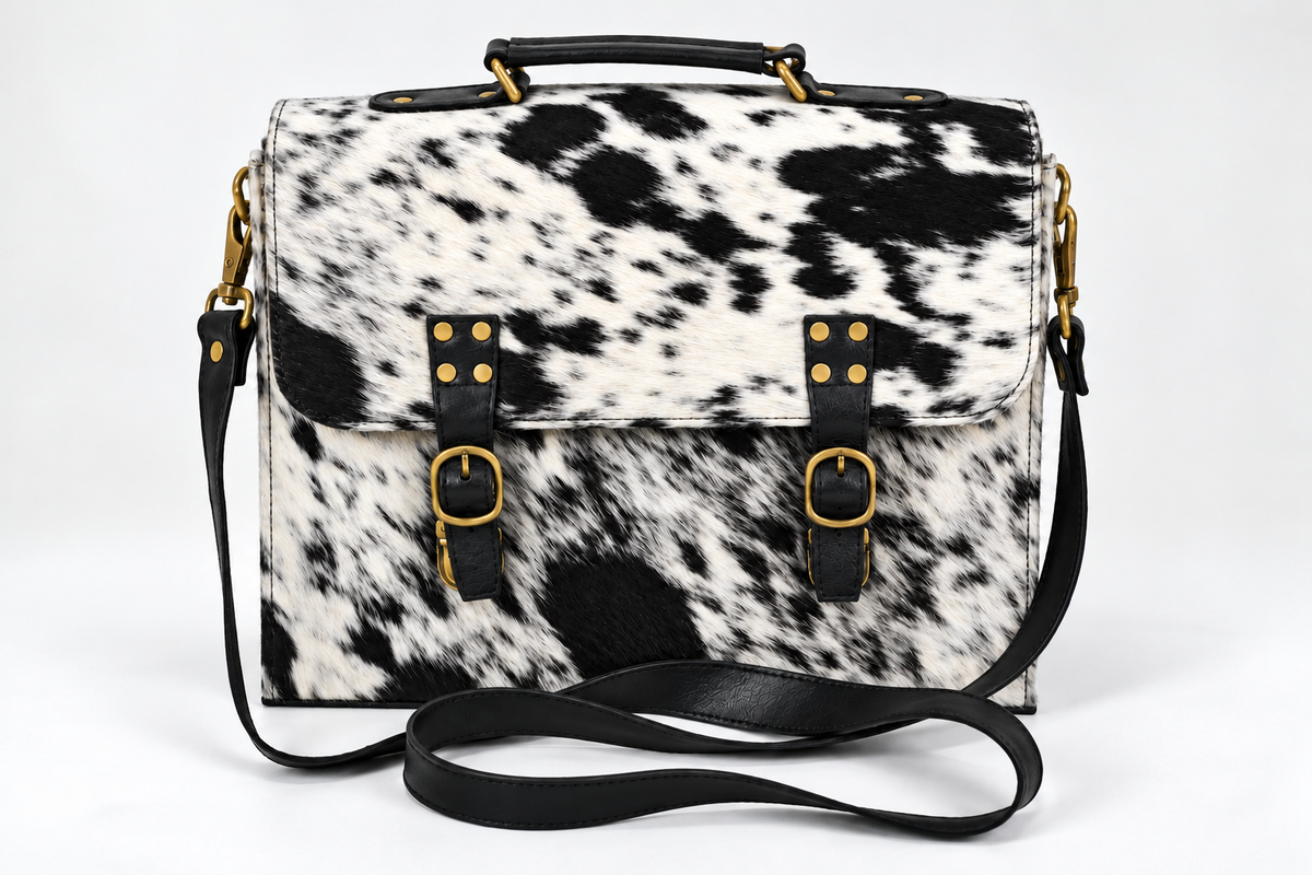 Salt and pepper spotted cowhide messenger bag with black leather trim and brass buckle straps - front view hero shot on white background
