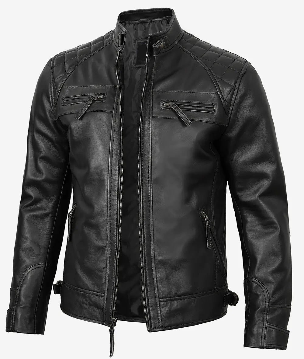 Men's Cafe Racer Leather Jacket - Retro Style Asymmetrical Moto Quilted Shoulder Leather Jacket