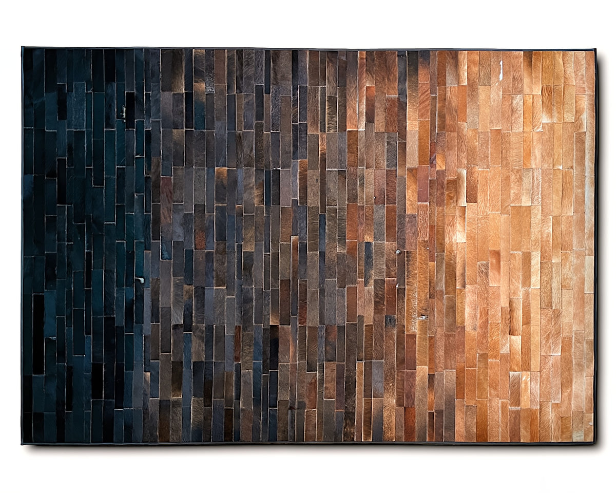 Black to Cognac Brown Ombre Cowhide Rug – Vertical Strip Patchwork Leather Area Rug
