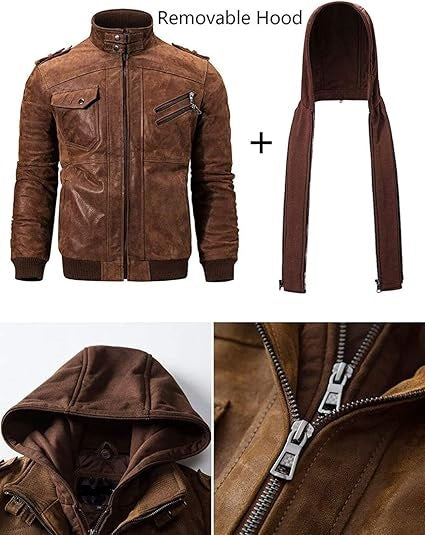 Men's Luxury Leather Jacket with Detachable Hood - 100% Genuine Leather, Versatile Style, Perfect for Riding and Everyday Wear