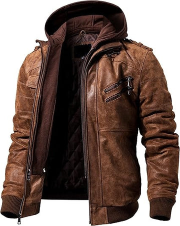 Men's Luxury Leather Jacket with Detachable Hood - 100% Genuine Leather, Versatile Style, Perfect for Riding and Everyday Wear