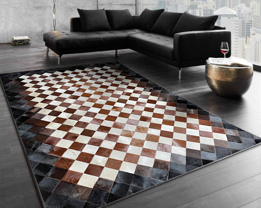Brown & White Harlequin Cowhide Rug – Diamond Checkerboard Patchwork Leather Area Rug
