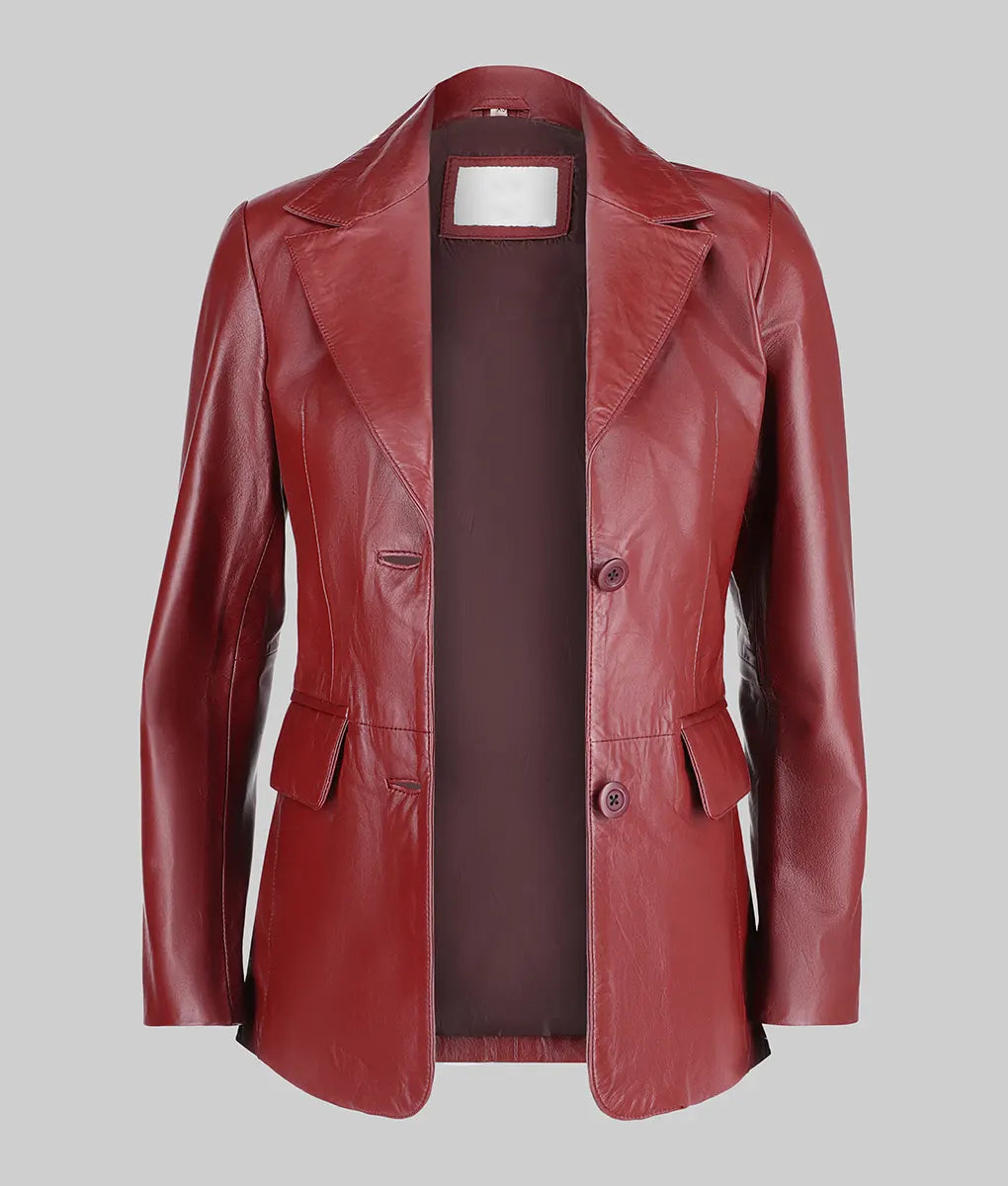 Women Genuine Leather Blazer Jacket, Female's Maroon Two Button Leather Blazer Coat, Lapel Collar Jacket