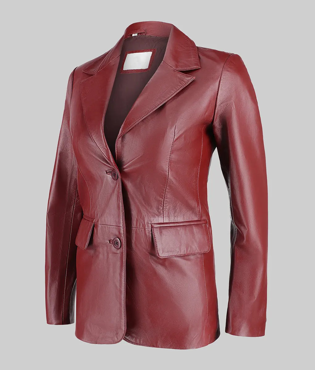 Women Genuine Leather Blazer Jacket, Female's Maroon Two Button Leather Blazer Coat, Lapel Collar Jacket