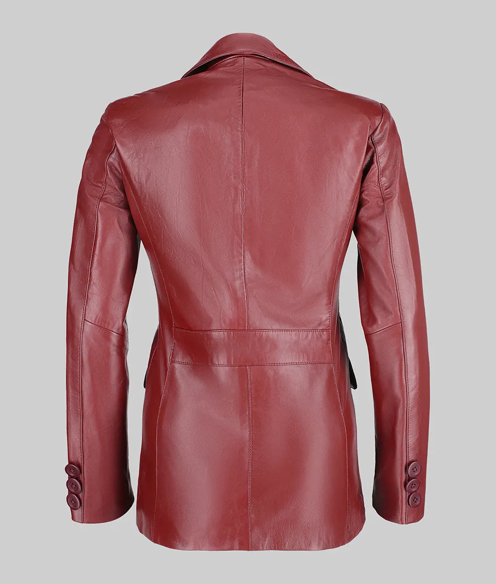 Women Genuine Leather Blazer Jacket, Female's Maroon Two Button Leather Blazer Coat, Lapel Collar Jacket