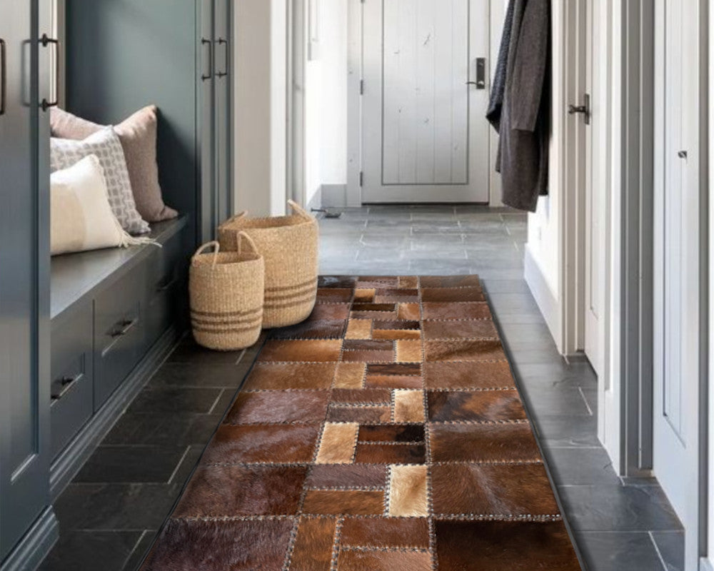 Chestnut Brown Cowhide Hallway Runner – Hand-Laced Basketweave Patchwork Leather Rug