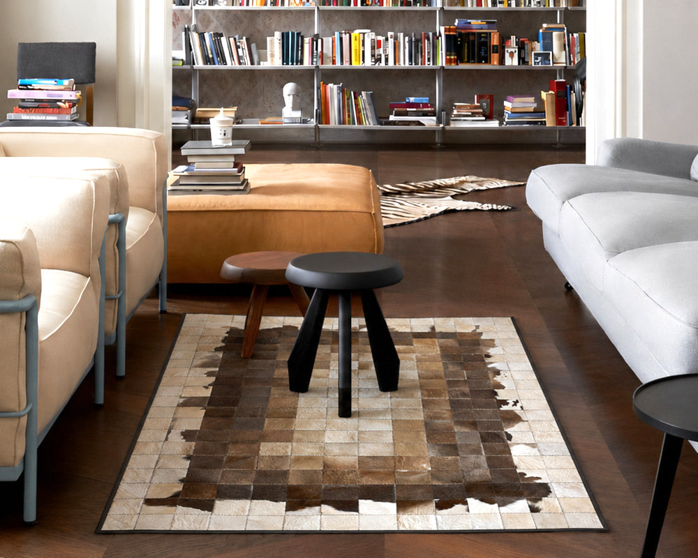 Ivory Frame Cowhide Patchwork Rug – Cream Center & Dark Brown Ombre Mosaic Area Rug
