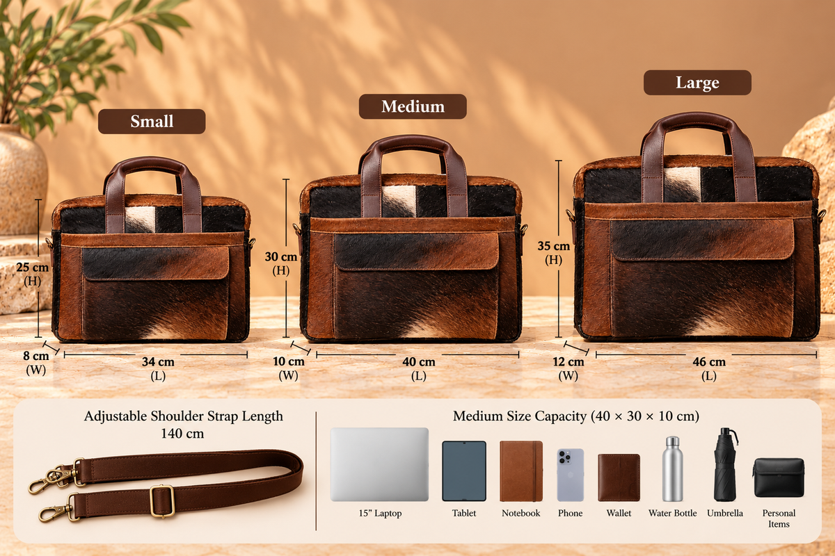 Cowhide Laptop Briefcase Bag | Natural Cowhide Office Satchel Bag | Cowhide Messenger Bag | Cowhide File Bag | Documents Bag | OB27
