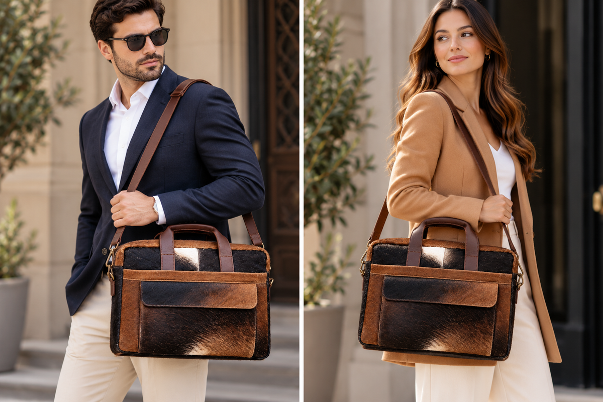 Cowhide Laptop Briefcase Bag | Natural Cowhide Office Satchel Bag | Cowhide Messenger Bag | Cowhide File Bag | Documents Bag | OB27