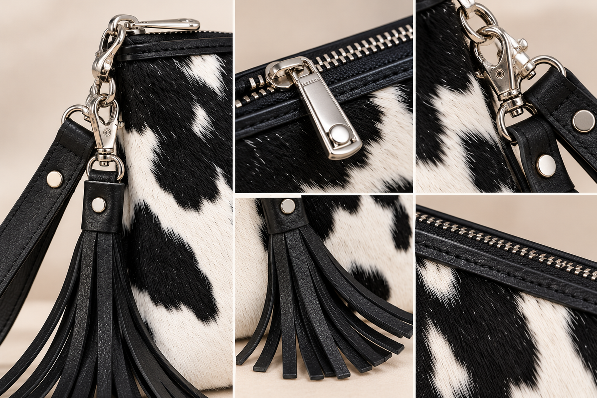 Close-up of black and white cowhide wristlet bag featuring zipper teeth, metal clasp, leather stitching, and fringe tassel details