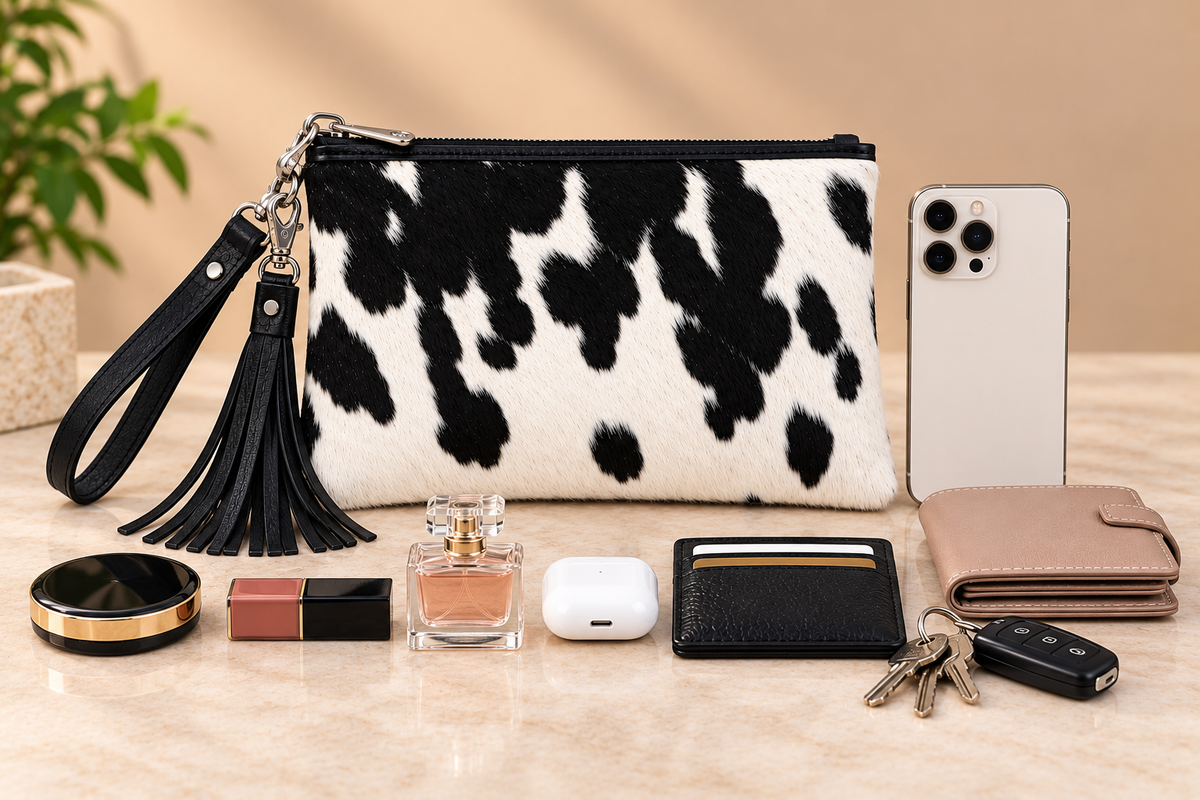 Black and white cowhide wristlet clutch displayed with everyday essentials to demonstrate its compact storage capacity