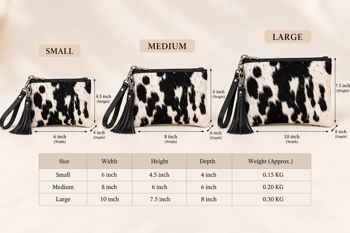 Small, medium, and large black and white cowhide wristlet bags displayed together for size comparison