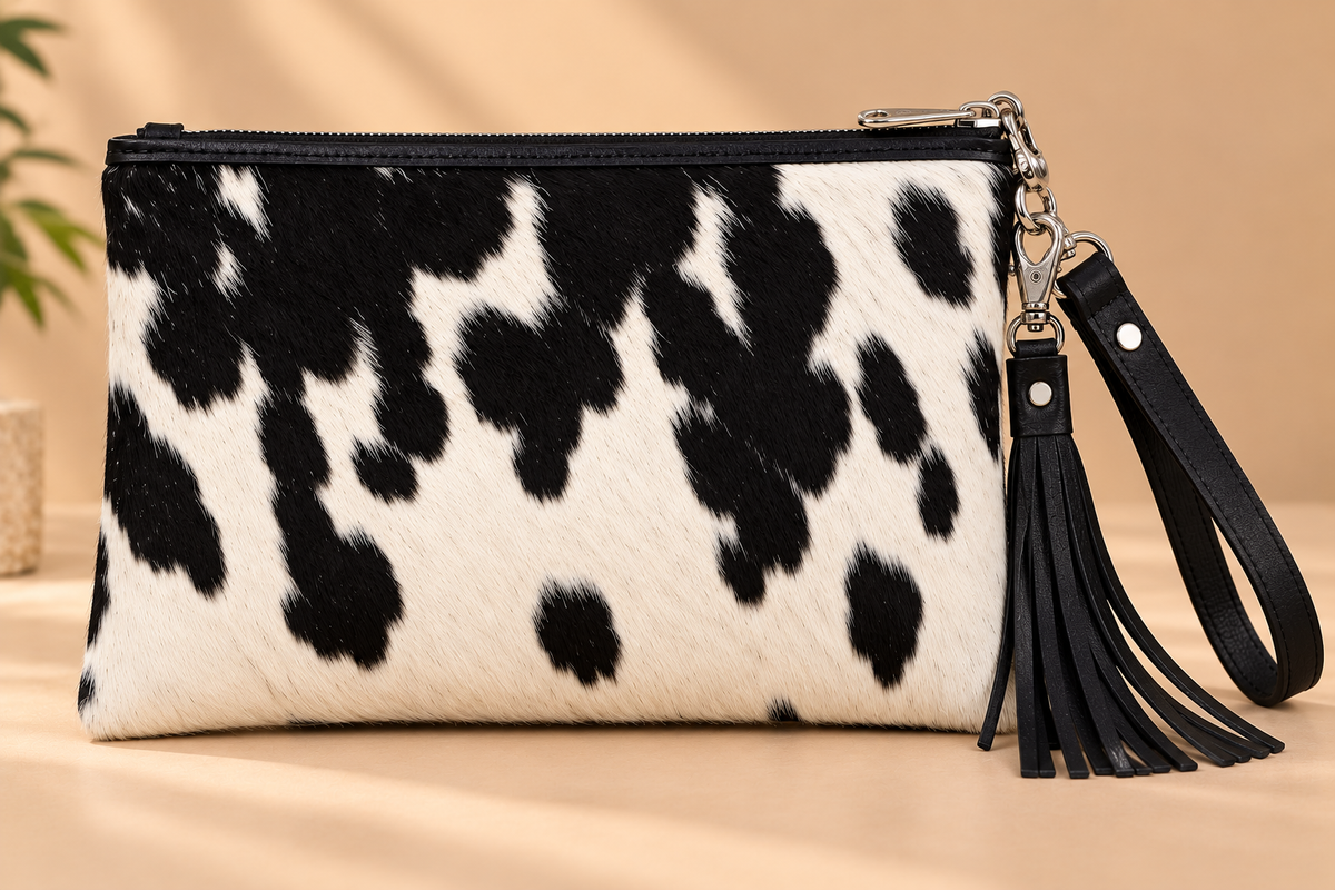 Back view of black and white hair-on-hide cowhide wristlet bag with leather trim and compact rectangular design