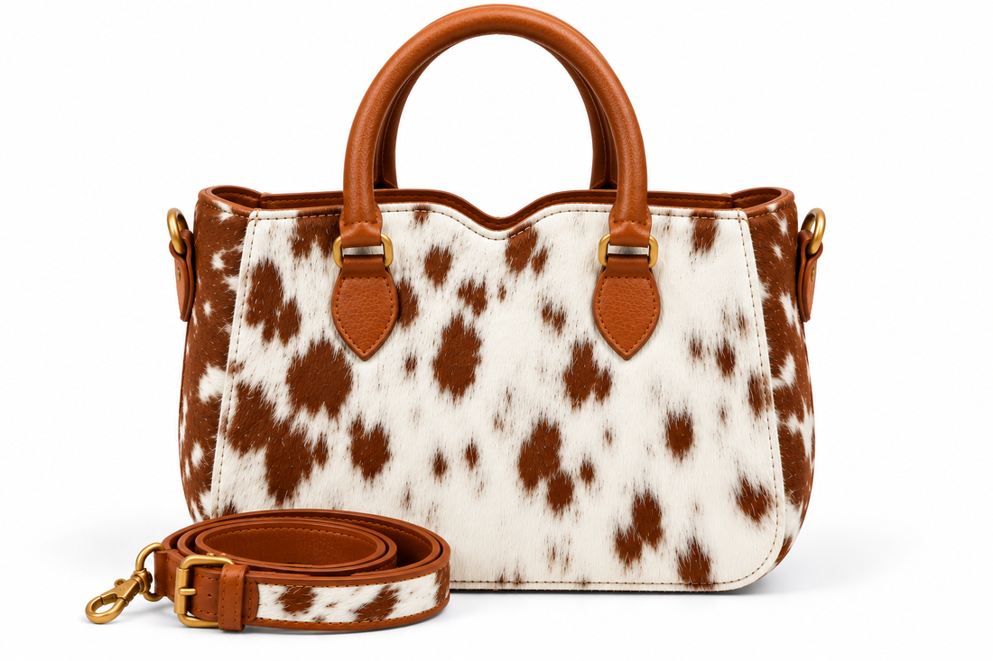 Genuine Leather Cowhide Tote Bag with Brown and White Hair-On-Hide Pattern and Leather Handles