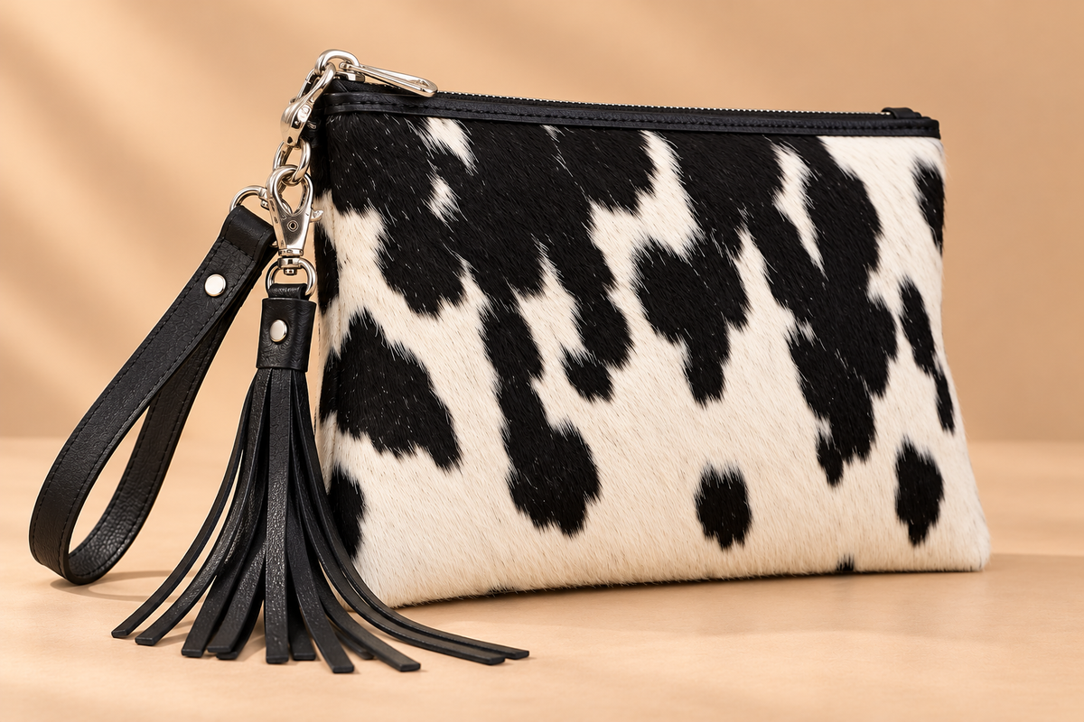 Three-quarter view of black and white cowhide wristlet clutch featuring natural hide patterns, leather wrist strap, and fringe tassel