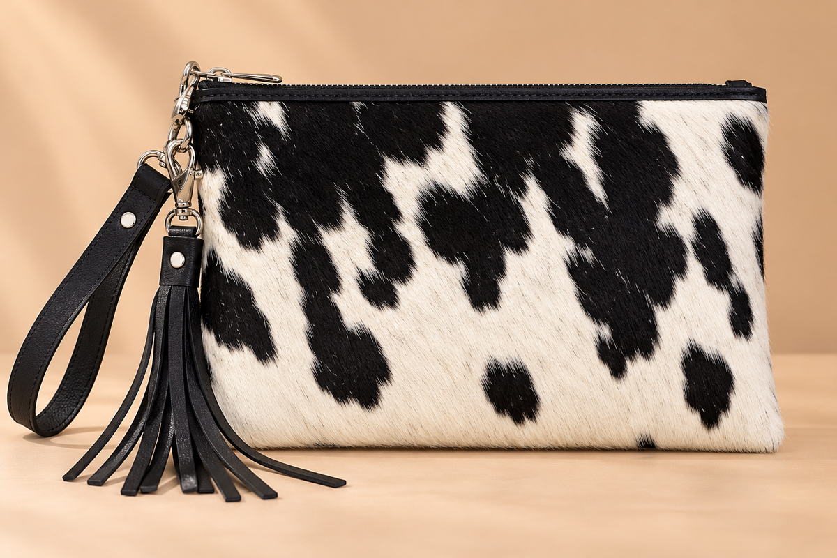 Black and white genuine cowhide wristlet bag with leather trim, zipper closure, detachable wrist strap, and fringe tassel