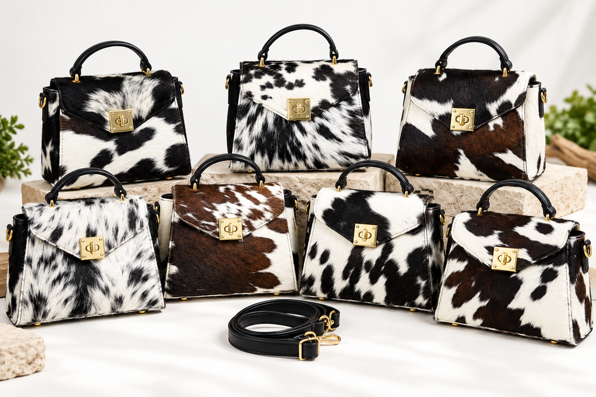 Cowhide Mini Hand Bag with Strap | 100% Natural Cowhide Top Handle Bag | Real Hair On Cowhide Leather Ladies Bag | Cow Skin Small Hand Bag