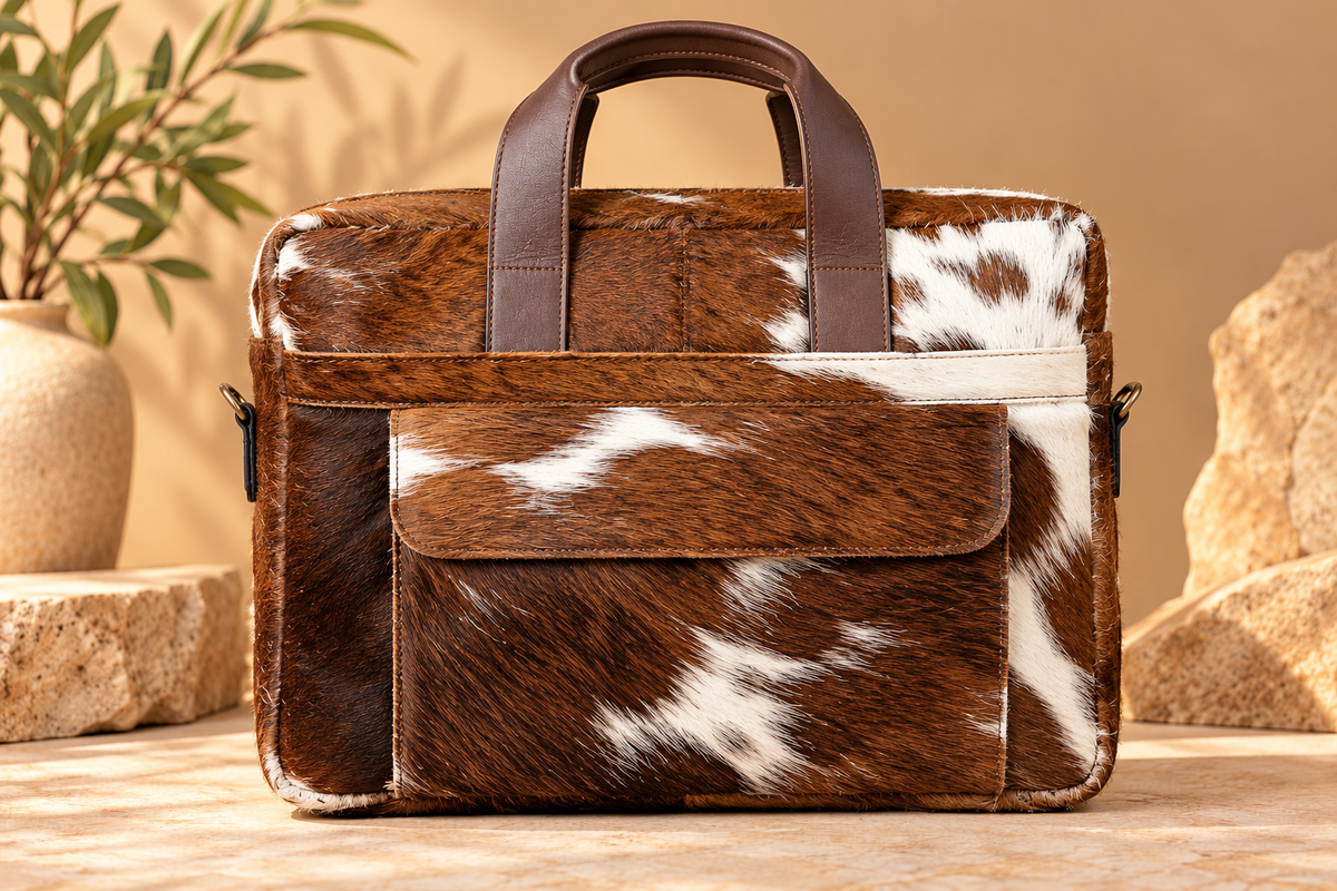 Cowhide Laptop Briefcase Bag | Natural Cowhide Office Satchel Bag | Cowhide Messenger Bag | Cowhide File Bag | Documents Bag | OB27