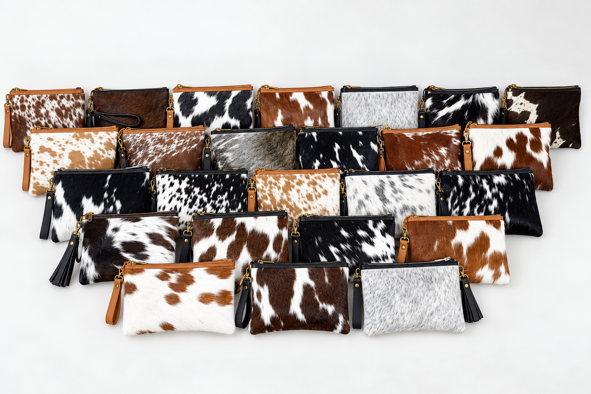Different colors of cowhide wristlet bags displayed together 