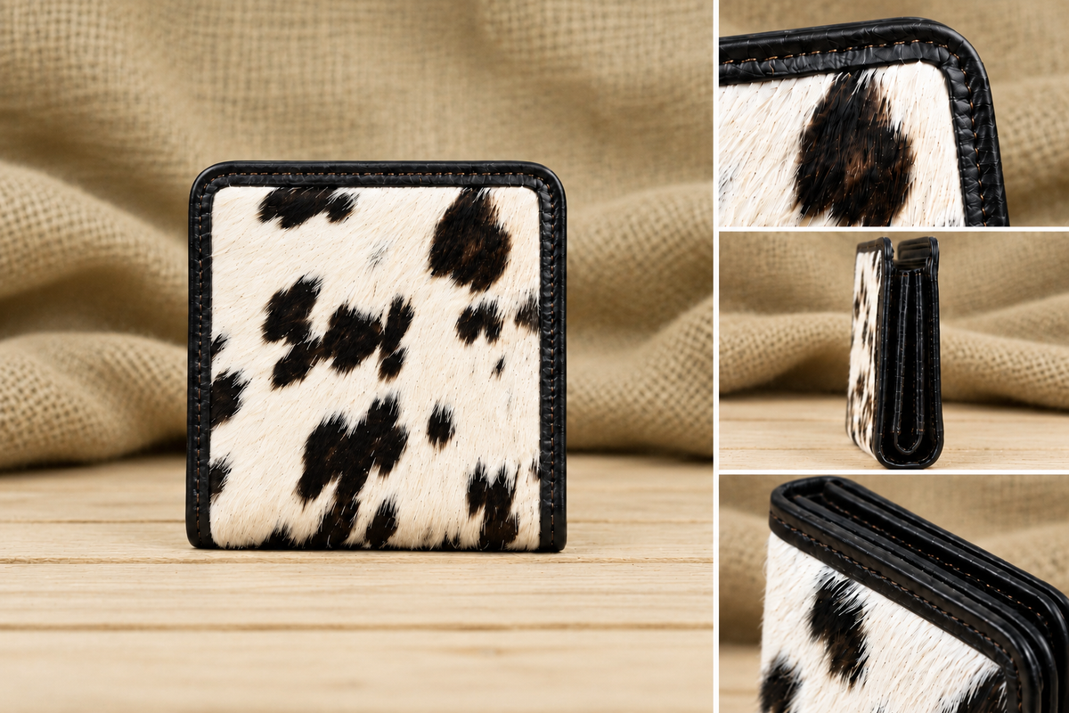 Close-Up Detail: Close-up of hair-on-hide cowhide texture, black genuine leather edging, and precise stitching on a bifold wallet.
