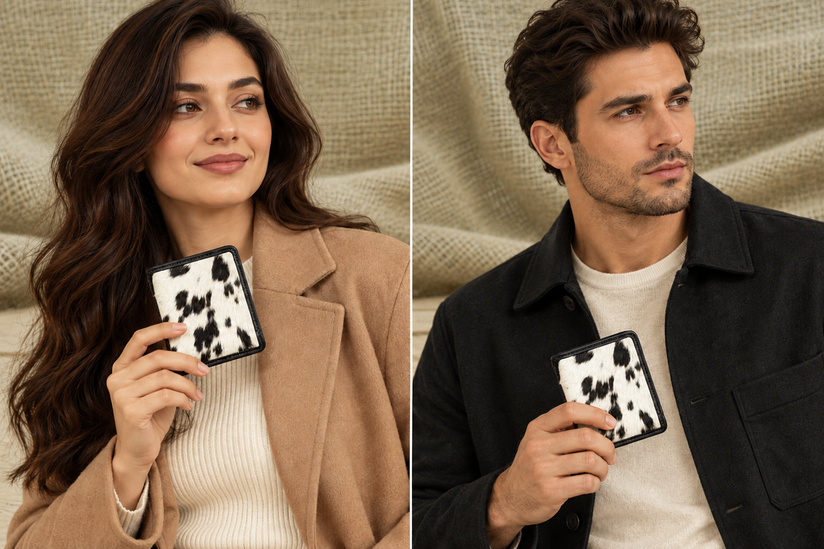 Model or Handheld View: Compact cowhide leather bifold wallet held in hand to demonstrate its everyday size and portable design.