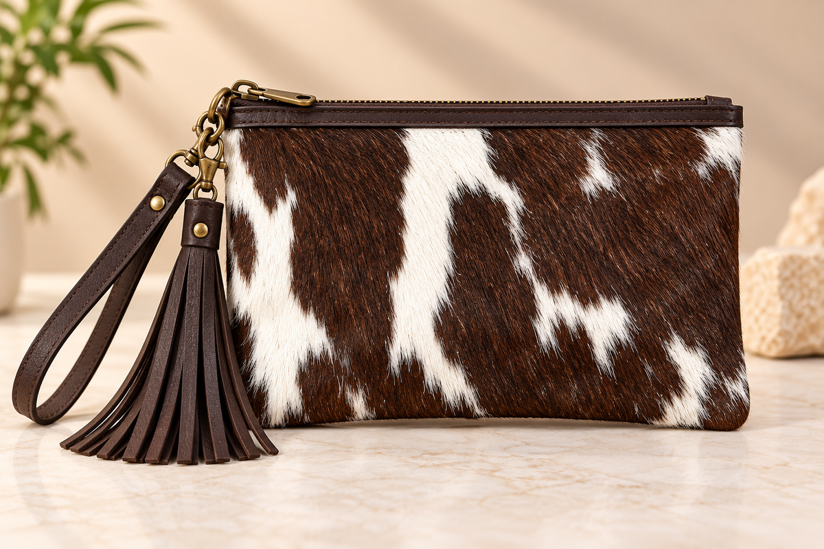 Natural Hair On Cowhide Wristlet Bag | 100% Leather Wristlet Purse |Genuine Leather Clutch with Fringe Tassel | Ladies Bag