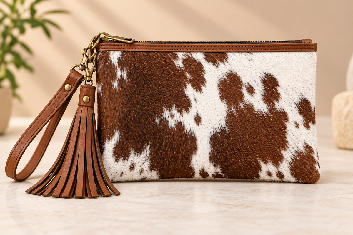 Natural Hair On Cowhide Wristlet Bag | 100% Leather Wristlet Purse |Genuine Leather Clutch with Fringe Tassel | Ladies Bag