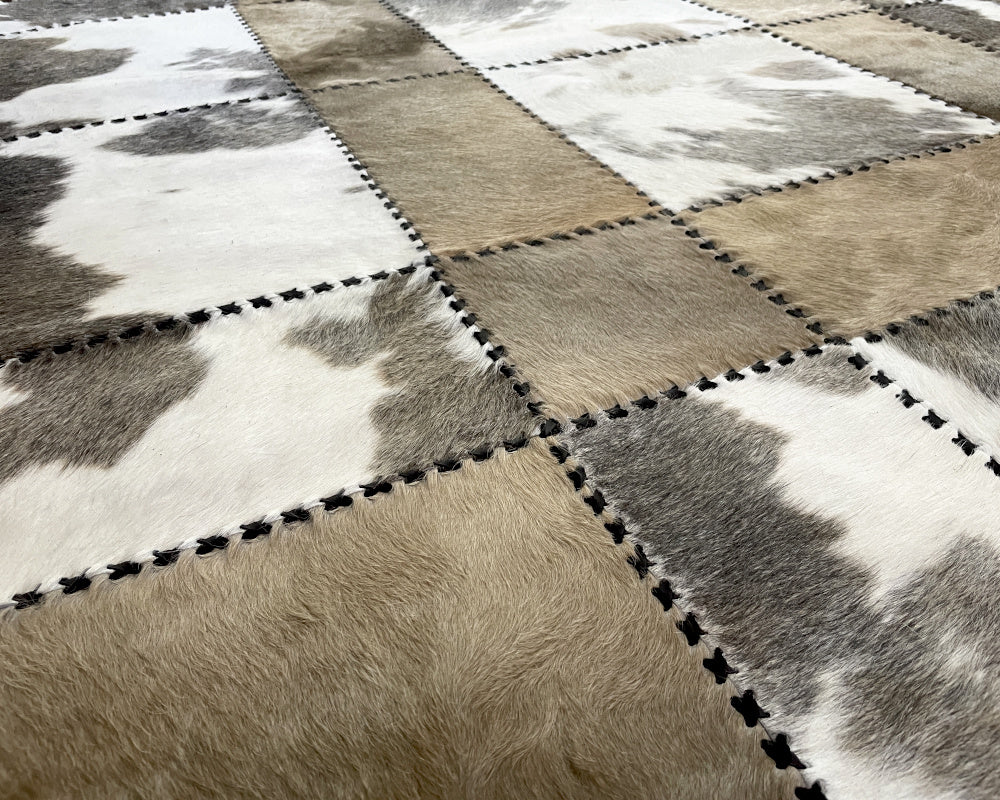 Greige & White Cowhide Rug – Hand-Laced Spotted Patchwork Area Rug