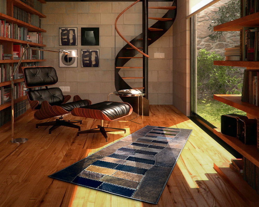 Dark Chocolate Cowhide Runner – Hand-Laced Wave Pattern Leather Patchwork Hallway Rug