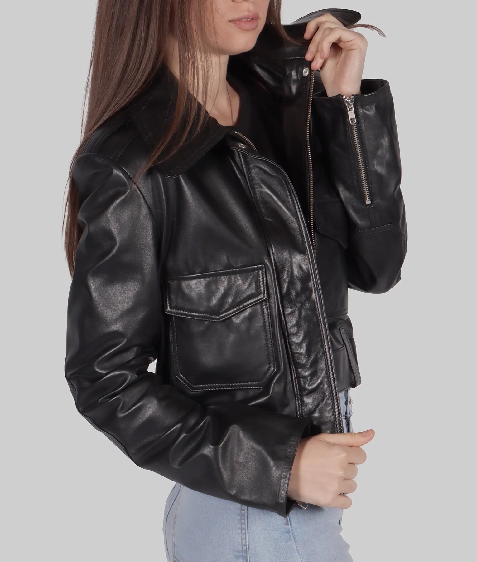 Women Genuine Leather Jacket, Long Sleeve, Turndown Collar - Zip Up Trendy Female Leather Jacket