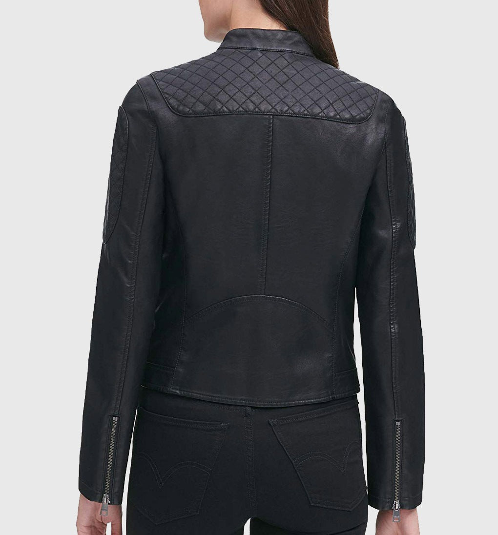 Women Genuine Leather Jacket, Quilted Moto Cafe Racer Female Leather Jacket, Stand UP Collar Jacket