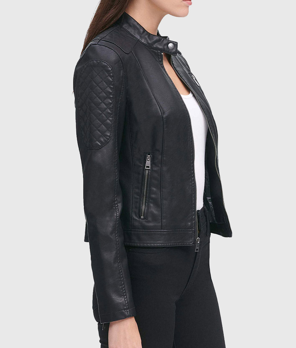 Women Genuine Leather Jacket, Quilted Moto Cafe Racer Female Leather Jacket, Stand UP Collar Jacket