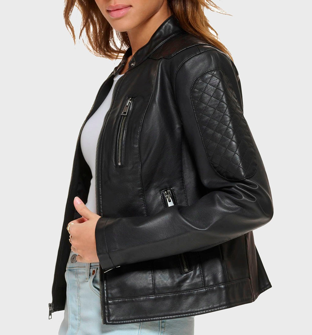 Women Genuine Leather Jacket, Quilted Moto Cafe Racer Female Leather Jacket, Stand UP Collar Jacket