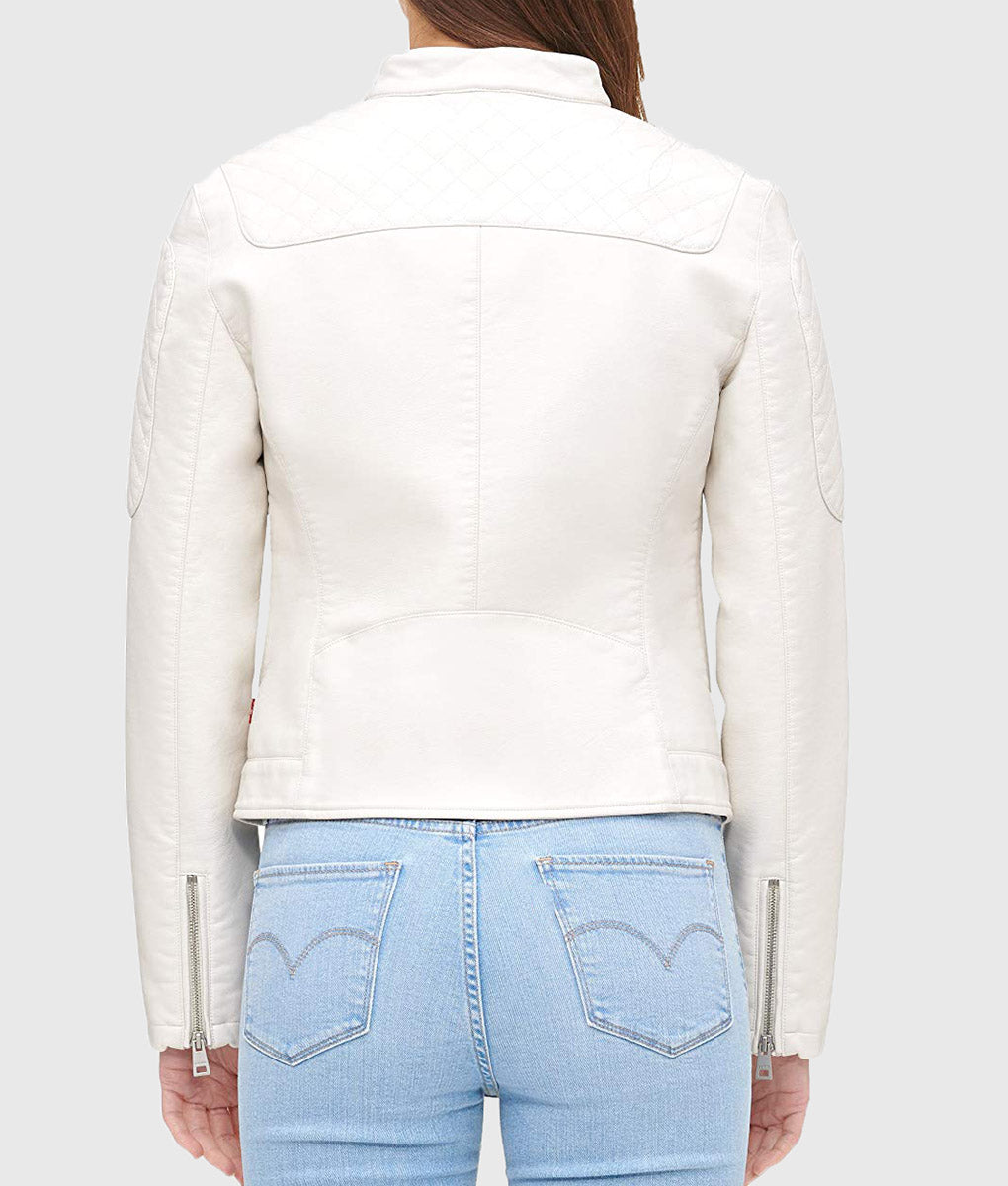 Women Genuine Leather Jacket, Quilted Moto Cafe Racer Female Leather Jacket, Stand UP Collar Jacket