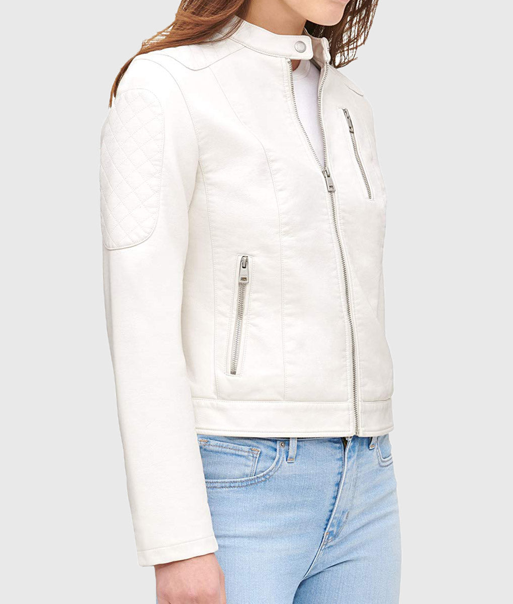 Women Genuine Leather Jacket, Quilted Moto Cafe Racer Female Leather Jacket, Stand UP Collar Jacket