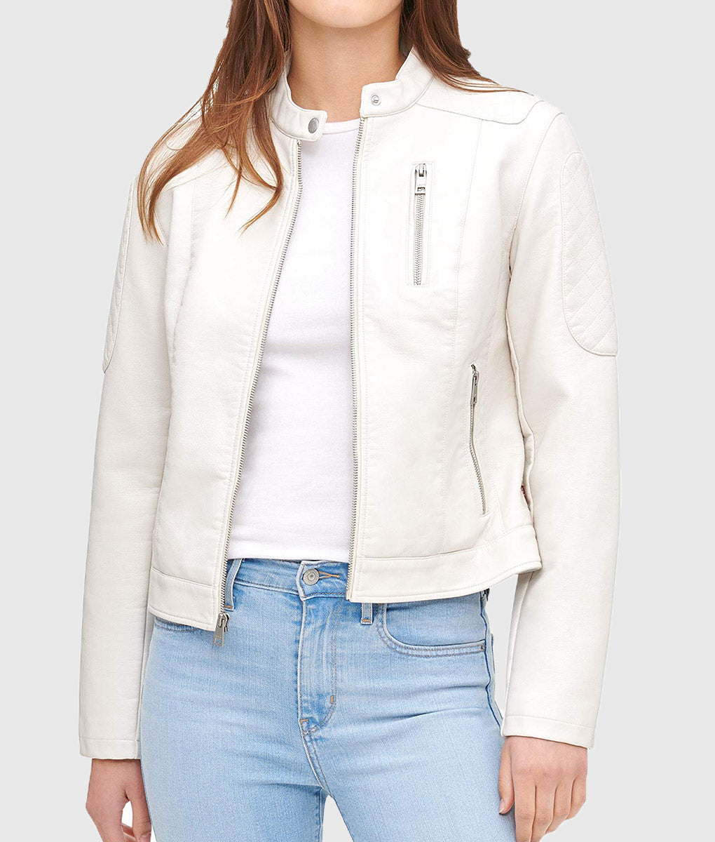 Women Genuine Leather Jacket, Quilted Moto Cafe Racer Female Leather Jacket, Stand UP Collar Jacket